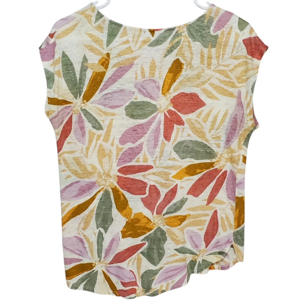 2558 * Nicole Miller Abstract Floral Linen Top Sleeveless Tan Green Red Size M - Picture 2 of 5